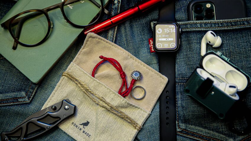 Meticulously organized flat lay showcasing everyday carry essentials on denim