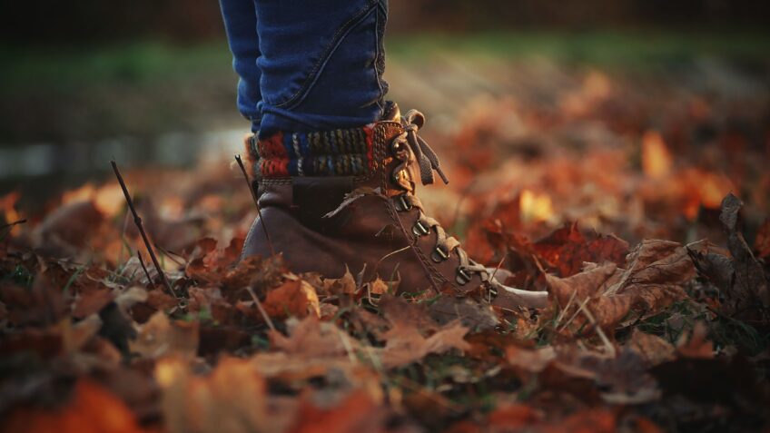 Close-up of leather boots on dry autumn leaves highlighting fall fashion